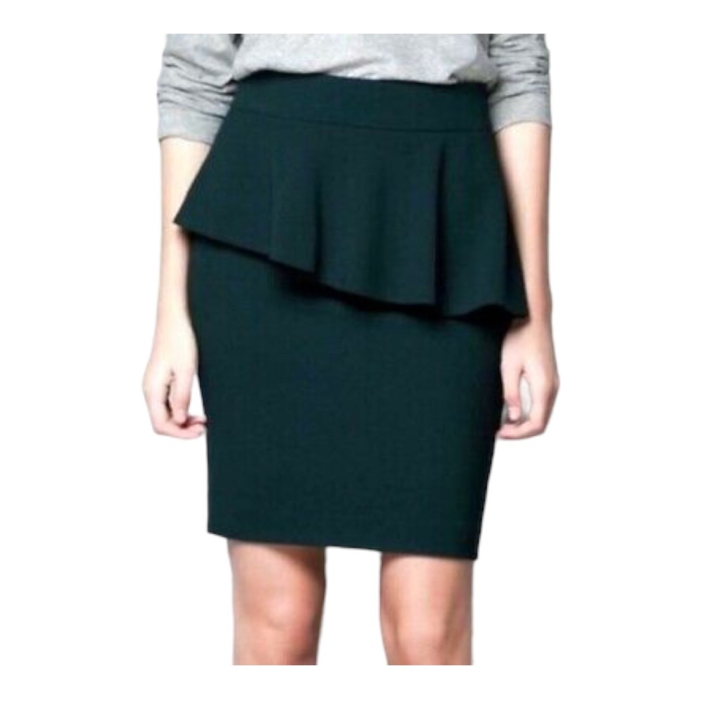 Zara Woman Peplum Pencil Skirt Dark Hunter Green Asymmetric Ruffles. Size Small